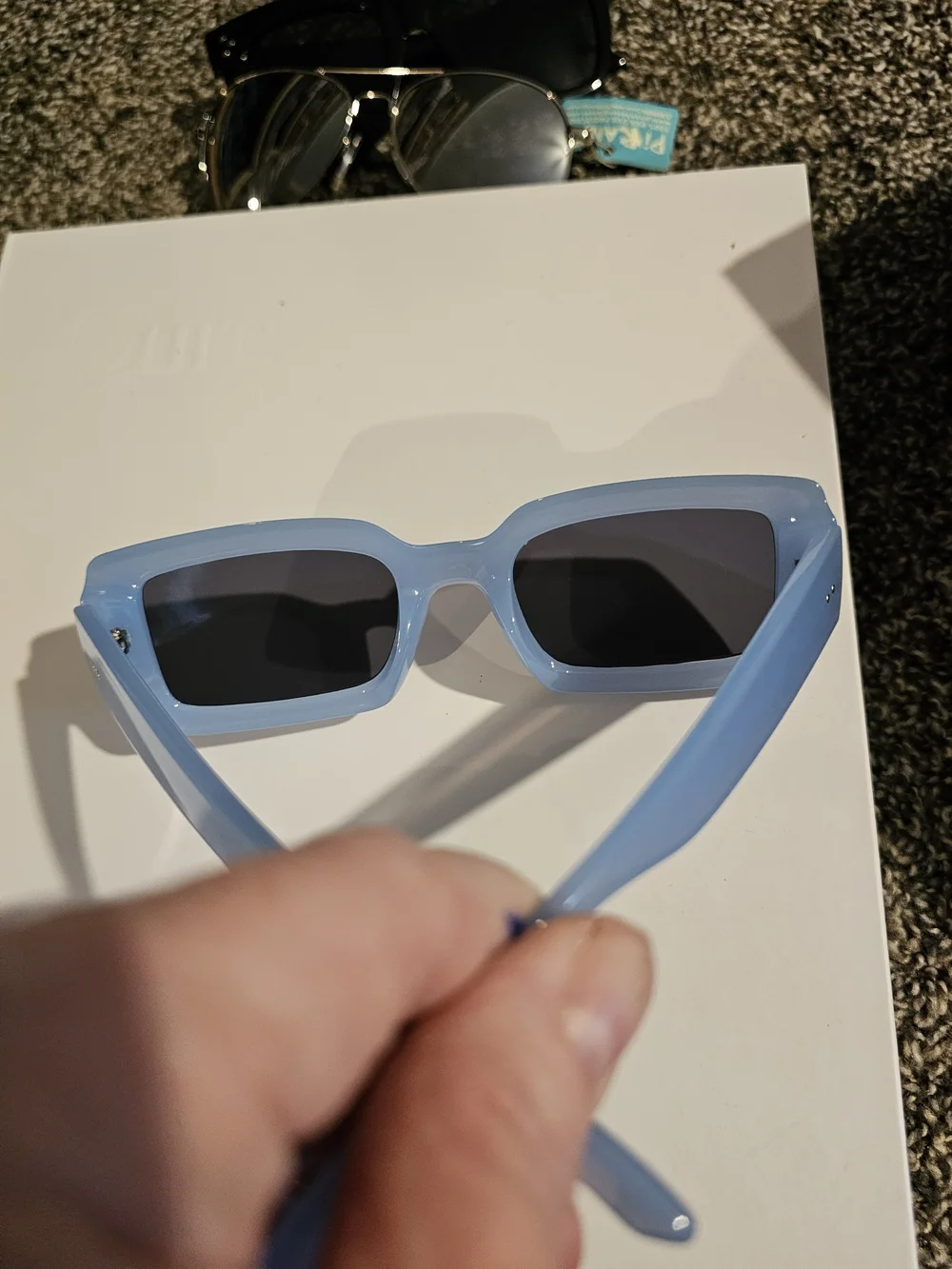 Women’s Rectangular Light Blue Sunglasses with Dark Lenses